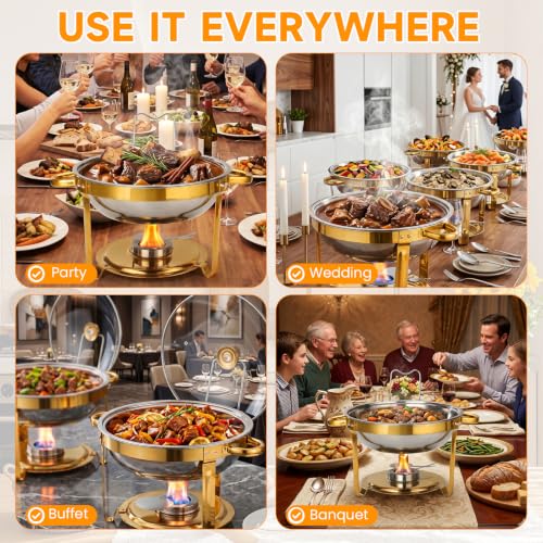 6QT Gold Stainless Steel Chafing Dish Set with Glass Lid for Catering & Parties
