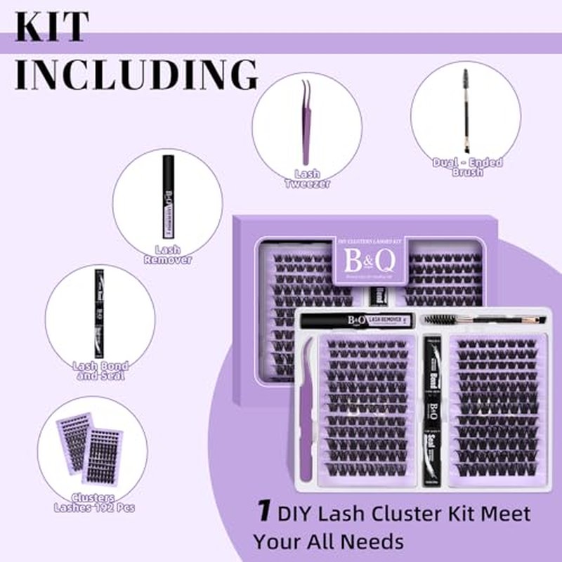 B&Qaugen Lash Extension Kit 192 PCS Eyelash Extension Kit D Curl Lash Clusters Kit Wispy Individual Lash Kit DIY Lash Extension Kit with Lash Glue and Remover Applications (B05+B06, Kit)