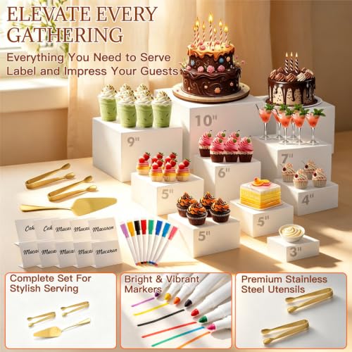 Cherizia 10-Piece White Acrylic Buffet Risers Set with Mini Sign Tongs & Cake Cutter - 3 to 10 Inch Variations