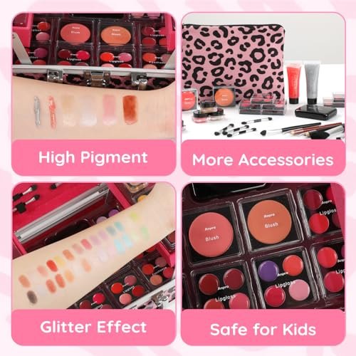 Pink All-In-One Teen Makeup Kit with Leopard Case - 28 Eyeshadow Colors & Accessories