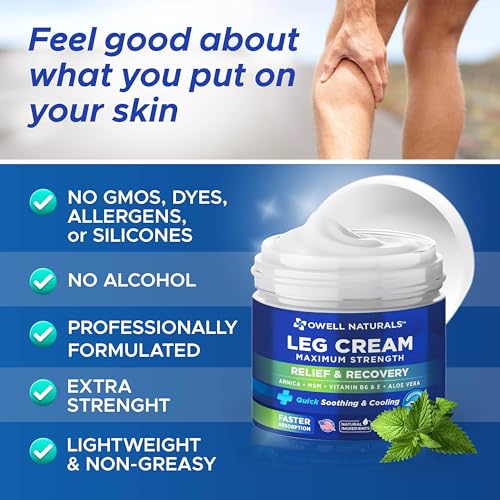 OWELL NATURALS Relief Legs Cream, Deep Penetrating Soothing Formula, Fast Acting & Maximum Strength with Arnica, Aloe Vera Vitamin E, for Muscles, Calf, foot, ankle, 2 oz (Pack of 2)