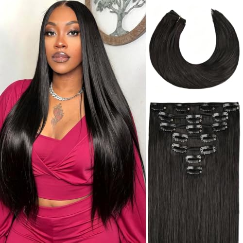 Clip in Hair Extensions 18 Inch Real Human Hair Seamless Natural Look - Variation 1B