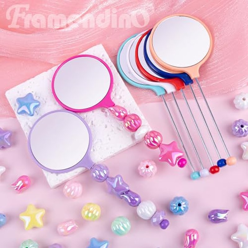 Framendino, 10 Pack Beaded Bar Handheld Mirror Mirrors Mini Round for Travel DIY Crafts Colors