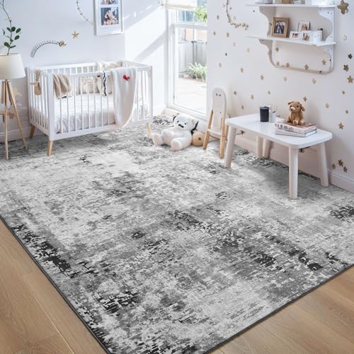 Grey 6x9 Abstract Boho Area Rug - Machine Washable Non-Slip Indoor Carpet