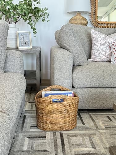 Oval Rattan Magazine Rack - Natural Woven Organizer for Living Room or Office