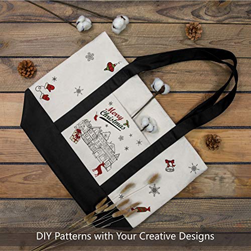 Large Reusable Canvas Tote Bag with External Pocket - Black/Natural, 6 Pack
