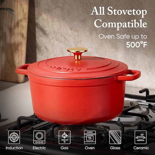 4QT Enamel Cast Iron Dutch Oven Pot with Lid - Red