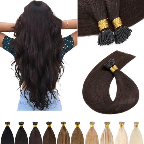 Human Hair I Tip Extensions 16 Inch Dark Brown Keratin Pre Bonded Micro Beads Set