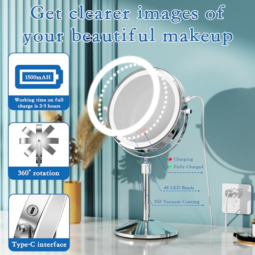 Rechargeable 7-Inch Lighted Makeup Mirror with 10X Magnification & Adjustable Height