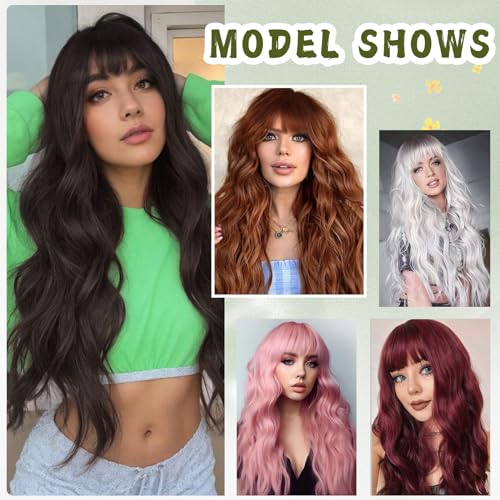 Black Long Wavy Wig with Bangs - 26 Inch Synthetic Curly Hair for Women - Angzon