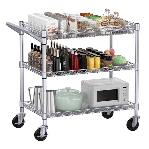 Heavy Duty Rolling Utility Cart with 3 Shelves - Silver, 990 Lbs Capacity