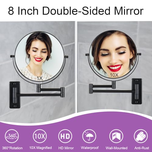8-Inch Wall Mounted Makeup Mirror - Matte Black No Lights, 1X & 10X Magnification