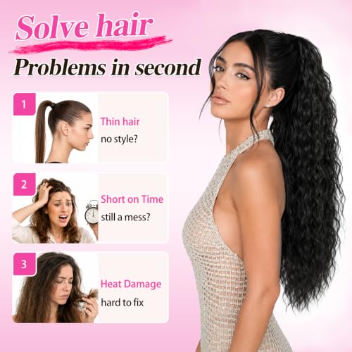 26 Inch Black Curly Wave Clip-In Ponytail Hair Extensions - Comfortable & Secure