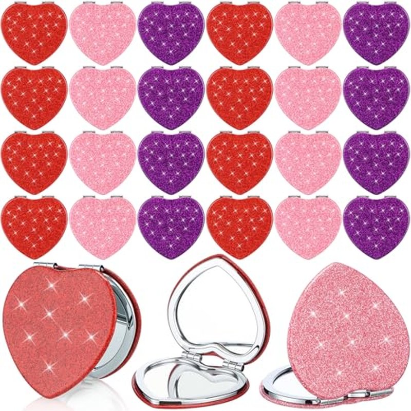 24 Pcs Heart Compact Mirror Magnifying Travel Mirror Bulk with Glitter Double Sided Cosmetic Purse Mirrors Heart Shaped Folding Pocket Makeup Mirrors for Women Mom Gift(Red, Pink, Purple)