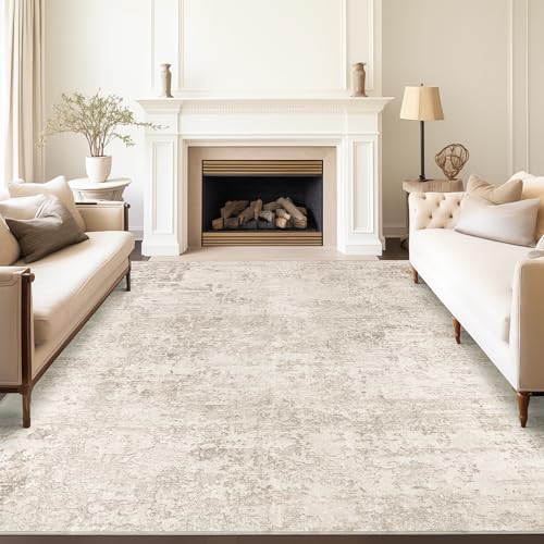 Beige 8x10 Abstract Washable Area Rug for Living Room - Machine Washable, Soft & Stain-Resistant