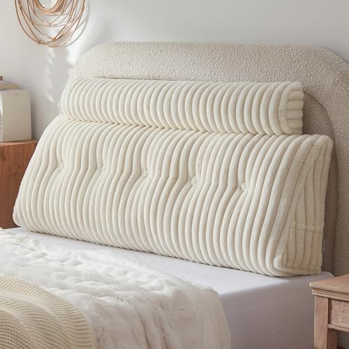 Queen Faux Fur Headboard Wedge & Body Pillow Set - Beige