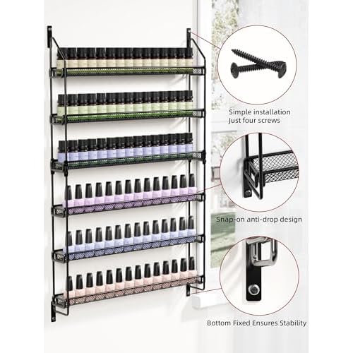 Nail Polish Organizer Wall Mounted, 6 Tier Metal Storage Rack Holds 90 Bottles, Multifunctional Organizer for Essential Oils Paint Perfume, Black