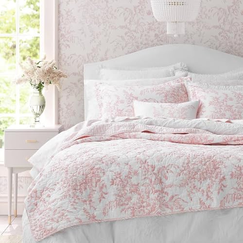 Laura Ashley Twin Cotton Quilt Set with Pillow Sham - Bedford Pink Reversible Bedding