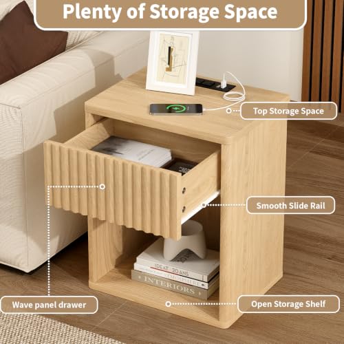 Oak Fluted Nightstands Set of 2 with Charging Station - Mid Century Modern Bedside Tables