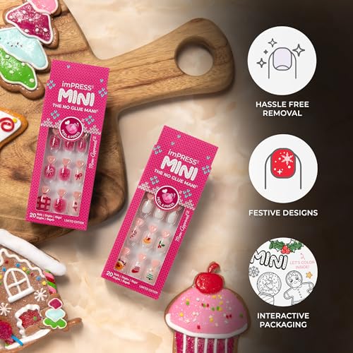 KISS imPRESS MINI Holiday Press On Nails for Kids, ¡®Frostsnow¡¯, Pink, Child Size, Squoval Shaped, Mess-Free, Mom Approved, Non-Toxic, Breakaway Application Tabs, Nail File, 20 Fake Nails