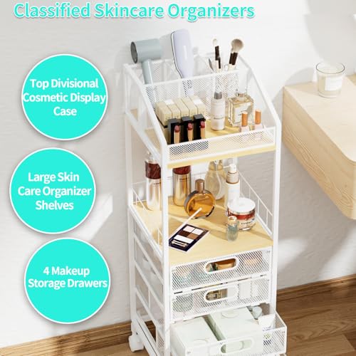 Natural 4-Drawer Makeup Cart with Wheels - Space-Saving Organizing Storage