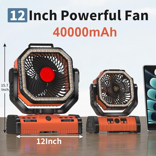 Rechargeable 12 Inch Camping Fan with 40000mAh Power Bank - Orange Variation