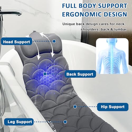 Full Body Bath Pillow with Neck Support - Gray, 3D Mesh Fabric, Anti-Slip