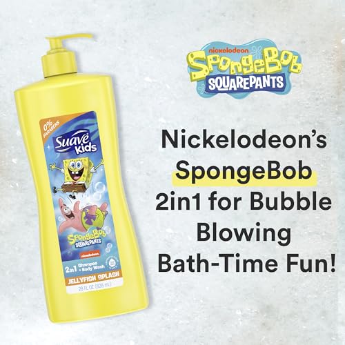 Suave Kids 3-in-1 Spongebob, Tear Free, Body Wash, Shampoo and Conditioners, Dermatologist Tested, 28 Oz Pack of 4