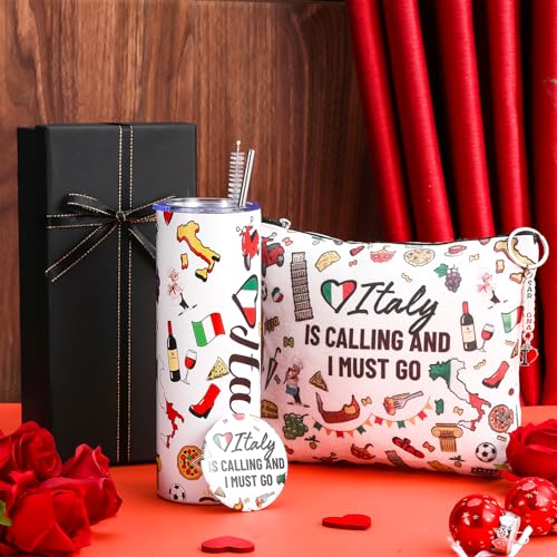 Sieral 5 Pcs Italy Travel Gift Set Funny Italy Themed Travel Trip Souvenir Gifts Includes Cosmetic Bag Thermal Cup Keychain for Traveler Women Birthday Christmas Party