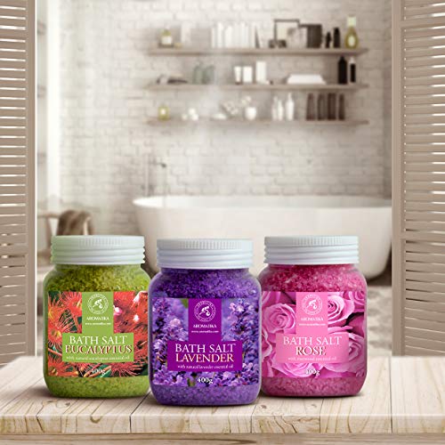 Eucalyptus, Lavender & Rose Bath Salts Set 42 oz with 3 Variations - Relaxation & Stress Relief