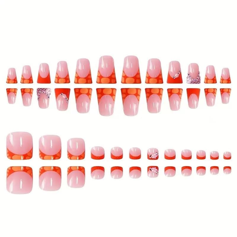 48Pcs Orange Press on Nails French Tip Press on Toenails Set Duck Fake Nails with Rhinestone Design Flower Glue on Toe Nails Glossy Artificial Acrylic Full Cover for Women Manicure