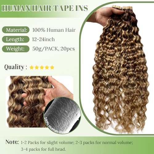 Munx 18 Inch Medium Brown Highlight Water Wave Tape-In Hair Extensions 50G #4/27