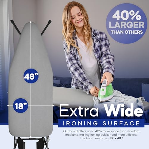 Extra-Wide Ironing Board 48x18 Inches with Built-in Clothes Rack & Heat-Resistant Cover