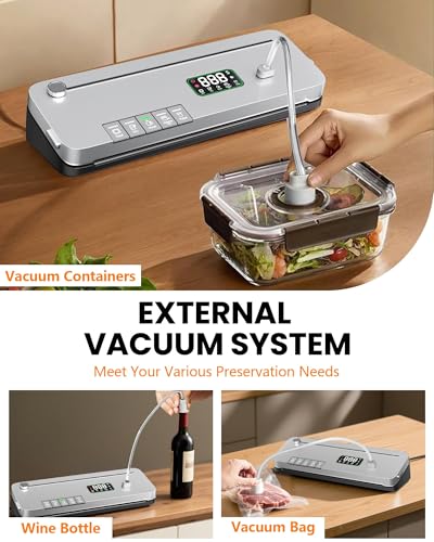 7-in-1 Food Vacuum Sealer Machine with 75kPa Power, Grey Black - Includes 20 Bags
