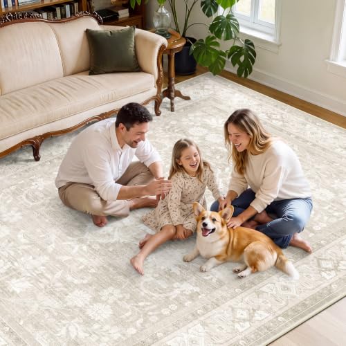 SameBed 8x10 Beige Vintage Area Rug Living Room, Washable, Non-Slip