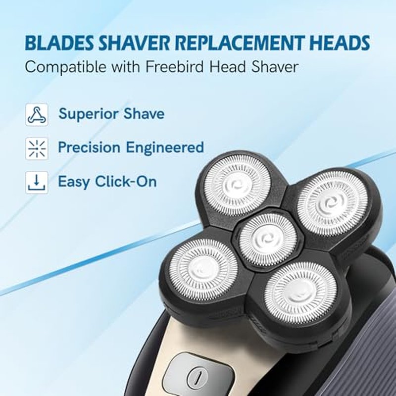 2 Pack Replacement Blades for Freebird Head Shaver | 5-Blade Electric Razor Refills for Bald Men Freedom Grooming + 1 Cleaning Brush