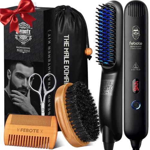 Men's Beard & Hair Straightener Kit with Natural Boar Bristle Brush, Pear Wood Comb & Travel Bag