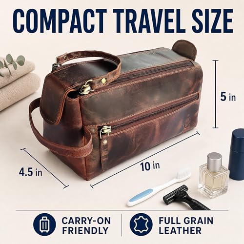 Walnut Brown Leather Toiletry Bag for Men - Travel Dopp Kit & Shaving Bag