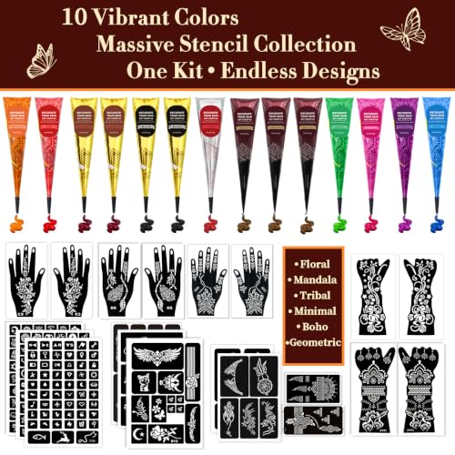 MuseLuxe 14P-10 Colors Temporary Tattoo Kit with 20 Stencils & Accessories