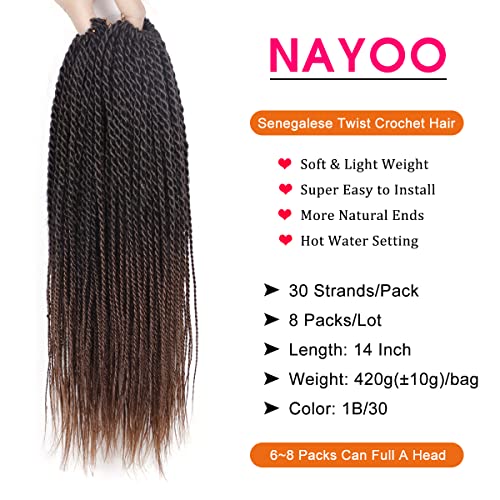 NAYOO Senegalese Twist Crochet Hair 8 Packs 14 Inch 1B/30 Small Twist Natural Ends