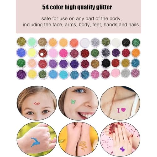 Temporary Glitter Tattoos Kit for Kids 48 Colors 6 Fluorescent 207 Stencils 2 Diamond Stickers 3 Glue 5 Brushes Arts Make Up Kit Party Christmas Halloween