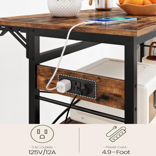 Kitchen Island with Power Outlet, Folding Top & Wine Rack, Movable, Rustic Brown