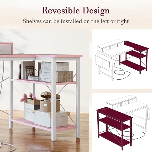 Pink 40 Inch L-Shaped Computer Desk with 3 Drawers & Power Outlets – Reversible Corner Study Table for Kids & Teens