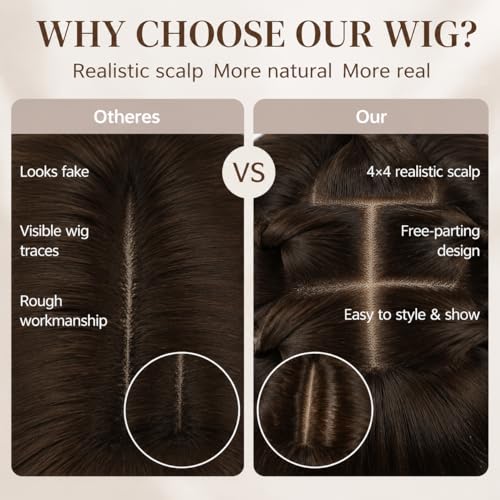 LEOSA Brown Highlights Short Bob Wig with Bangs, Realistic Scalp, Shoulder Length Wavy Layered Synthetic Hair for Women