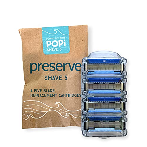 Preserve POPi Shave 5 Razor System Made with Recycled Ocean Plastic, Neptune Green - 5 Blade Razor with 4 Replacement Cartridges