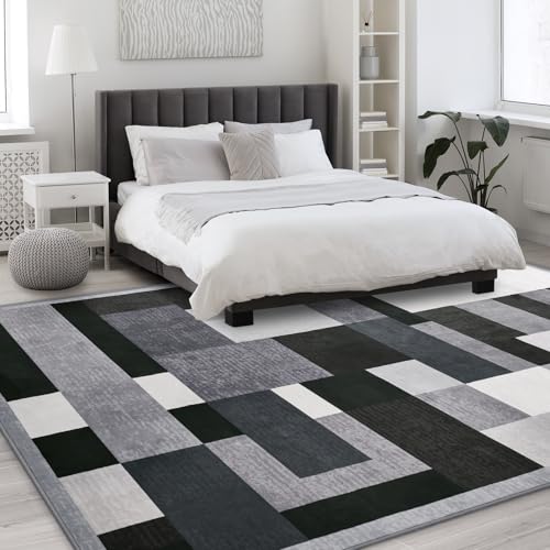 6x9 Black Geometric Area Rug - Modern Patchwork Washable Soft Carpet for Living Room & Bedroom