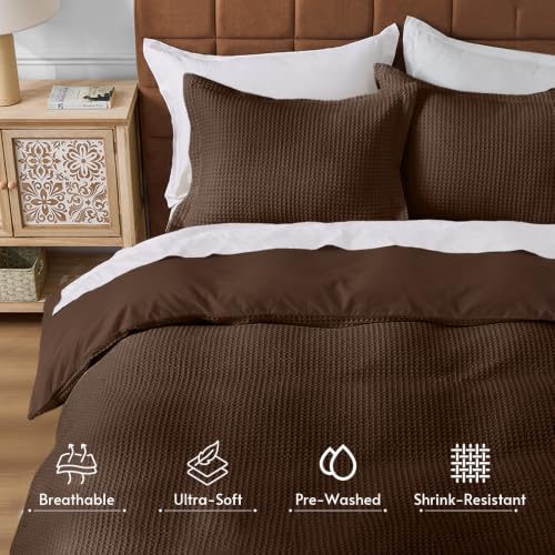 Queen Size Waffle Wave Duvet Cover Set with Pillow Shams - Dark Brown, 3-Piece, OEKO-TEX Certified