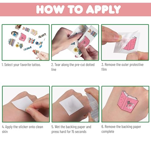 96 PCS Reading Book Library Pre-Cut Temporary Tattoos Sticker Booklish Nerd Birthday Party Decorations Favors Supplies Gifts Boys Girls Teachers Adult Tattoo School Reward Themed (Normal)