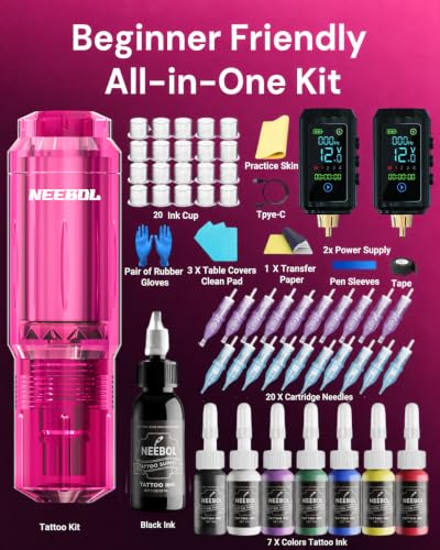 Pink Wireless Tattoo Gun Kit with Dual 1600mAh Batteries for Beginners & Artists - Large