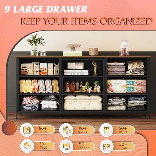 WLIVE Rustic Brown 65 Inch TV Dresser with 9 Fabric Drawers and Wood Top - Ample Storage